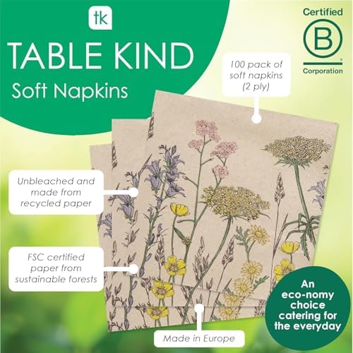 Table Kind 100 x Soft Recycled Floral Napkins Wildflower Soft Paper Napkins Pretty Wild Flower Serviettes for Spring Eco Friendly, Everyday & Compostable Weddings, Tea Party, Birthday Natural Kraft