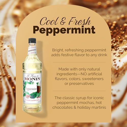 Monin - Peppermint Syrup, Cool Tingle of Candy Cane, Natural Flavors, Great for Cocoas, Mochas, Smoothies, and Sodas, Non-GMO, Gluten-Free (1 Liter)