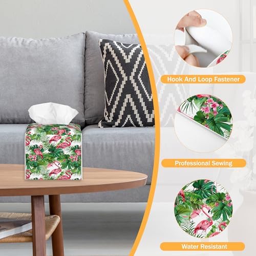 Tropical Palm Leaf Flamingo 2 Pcs Tissue Box Cover Square Leather Tissue Case Holder Facial Paper Organizer Decorative for Bathroom Kitchen Car Office Home Decor