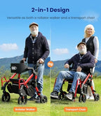 VOCIC Walkers for Seniors, Z55 2 in 1 Walker Wheelchair Combo, No-Bend Footrest, Rollator with 10" All Terrain Big Wheels, Transport Wheelchair Foldable, Rollator with Seat & Brakes, Storage Bag