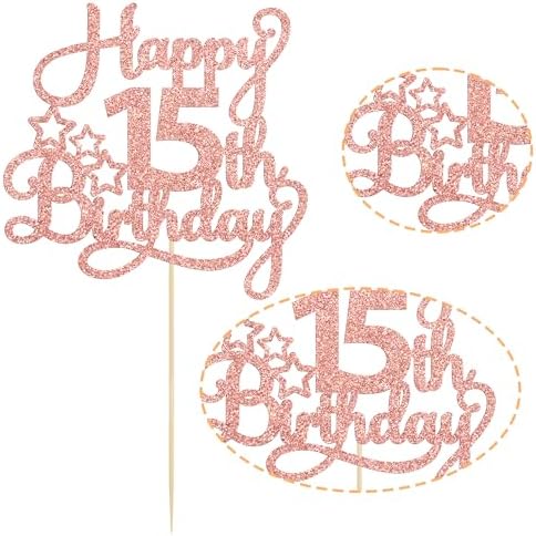 1 Pack Happy 15th Birthday Cake Topper Rose Gold Glitter Mis Quince 15 Cheers to 15 Years Old Birthday Cake Pick for Celebrating 15th Birthday Anniversary Party Cake Decorations Supplies