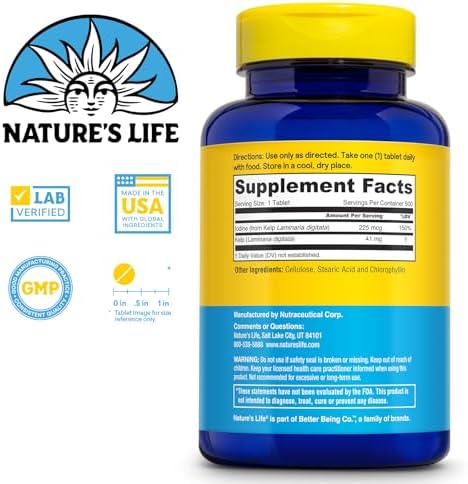 Nature’s Life Icelandic Kelp 41 mg - Iodine Tablets, Sea Kelp Seaweed Supplement for Thyroid Support, Natural, Gluten Free, Non-GMO Green Superfood, 225 mcg Iodine Pills - 500 Tablets (500 Servings)