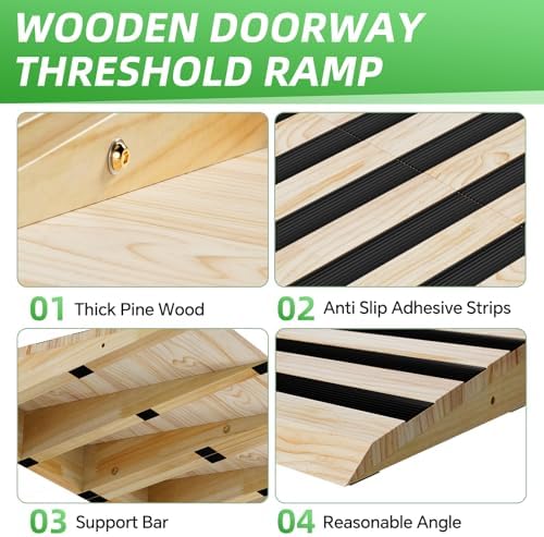 PAKASEPT 5.9" Wooden Threshold Ramp for Home Steps, Door Ramp with Non-Slip Grooves for Wheelchair/Walker/Cart/Scooter, 1100LBS Load Capacity