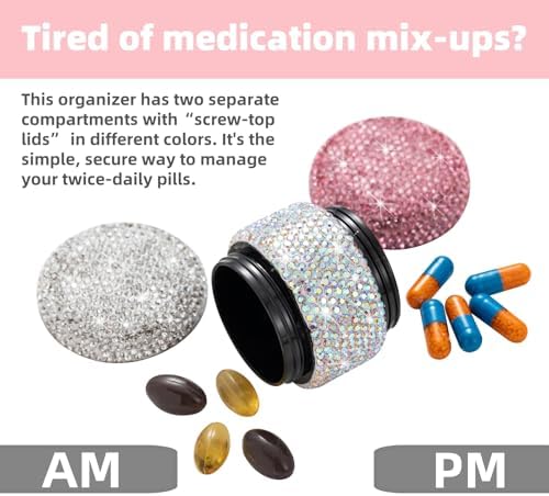 2 Compartment Small Pill Case Organizer Bling Mini Pill Box Holder for Purse Tiny Pocket Metal Medicine Container Bottle for Women(Pink)