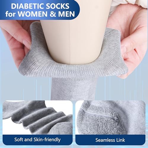 Facool Non-Binding Diabetic Crew Socks, Women Loose Top Cushioned Moisture Wicking Cotton Seamless Non Slip Soft Anti-sweat Dress Comfortable Socks, 6 Pairs Black+Grey+Navy Blue Medium