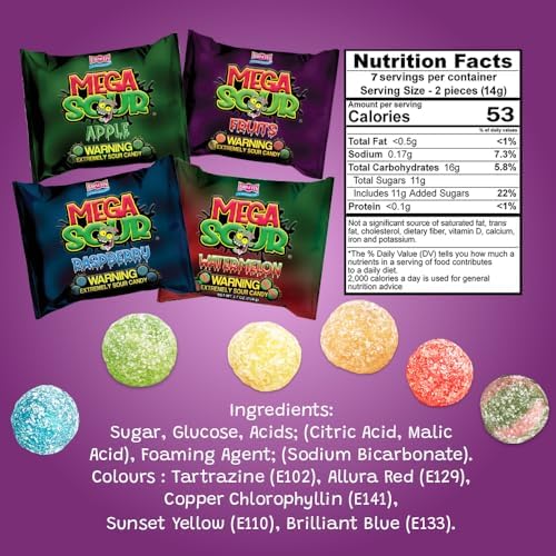 Barnetts Mega Sour Candy 4 Pack – Handmade British Sweets – Raspberry, Apple, Watermelon & Fruits – Gift or Party Treat (104g x 4)