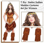 Toulite 7 Pcs Halloween Native Costume Indian Costume Maiden Women Costume American Dress Outfit for Women