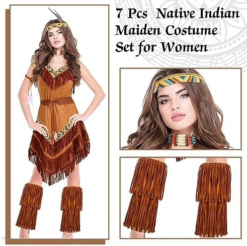 Toulite 7 Pcs Halloween Native Costume Indian Costume Maiden Women Costume American Dress Outfit for Women