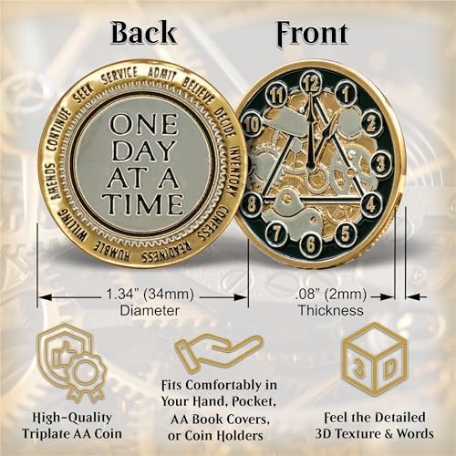 The Token Shop 12 Steps AA Coin Sobriety Chip Medallion, Clockwork One Day at a Time Alcoholics Anonymous Recovery Affirmation Token, Sober Gifts for Men and Women