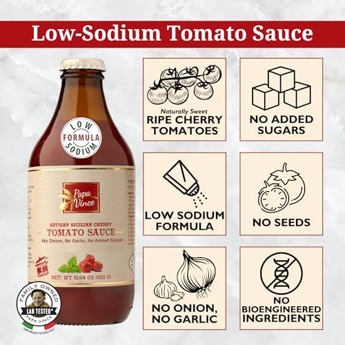 Papa Vince Low Sodium Cherry Tomato Sauce - Made in Italy, 50 mg Sodium per serving, 4-pack, 333g each Glass Jar