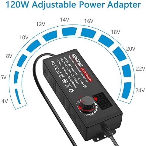 SHNITPWR AC Adapter 120W Universal Power Adapter 4V 5V 6V 9V 12V 15V 18V 19V 20V 24V Adjustable Switching Power Supply 100V~240V AC to DC 4V ~ 24V 5A Converter with 14 Tips & Polarity Converter