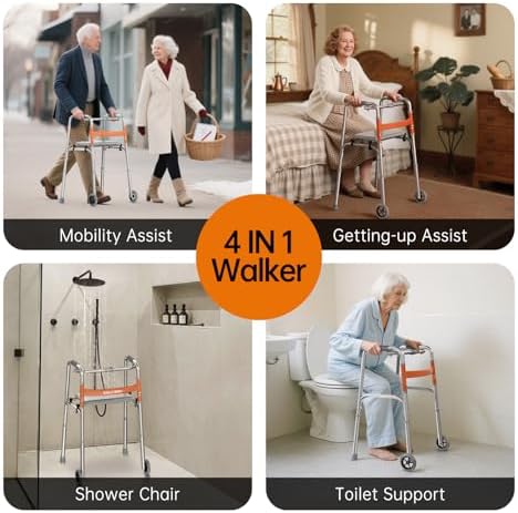 Nihhcune Lightweight Folding Walker for Adults/Seniors, Compact Rolling Mobility Aid with Wheels & Detachable Seat, Height Adjustable Aluminum Rollator Walker Space-Saver Travel Design No Installation
