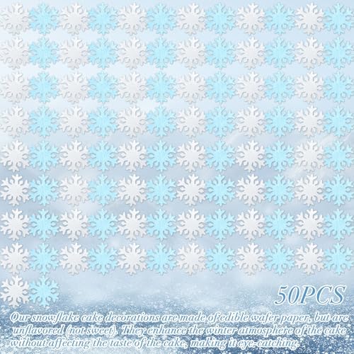 Edible Snowflakes – 50pcs Wafer Paper Edible Cake Decorations & Snowflake Cupcake Toppers for Christmas, Winter Birthday Party Decor Supplies (Blue & White)