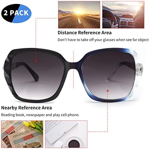 JM 2 Pack Bifocal Reading Sunglasses for Women Fashion Oversized Square Sun Readers Outdoor Reading Glasses UV400 Protection, Black & Clear Blue +1.5