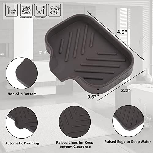 MicoYang Silicone Bathroom Soap Dishes with Drain Spout-Bathroom and Kitchen Sink Organizer,Sponge Holder,Dish Soap Tray,Perfect for Dispenser,Scrubber,Bottle,Cup on Sink or Counter-Coffee 4.9"×3.2"