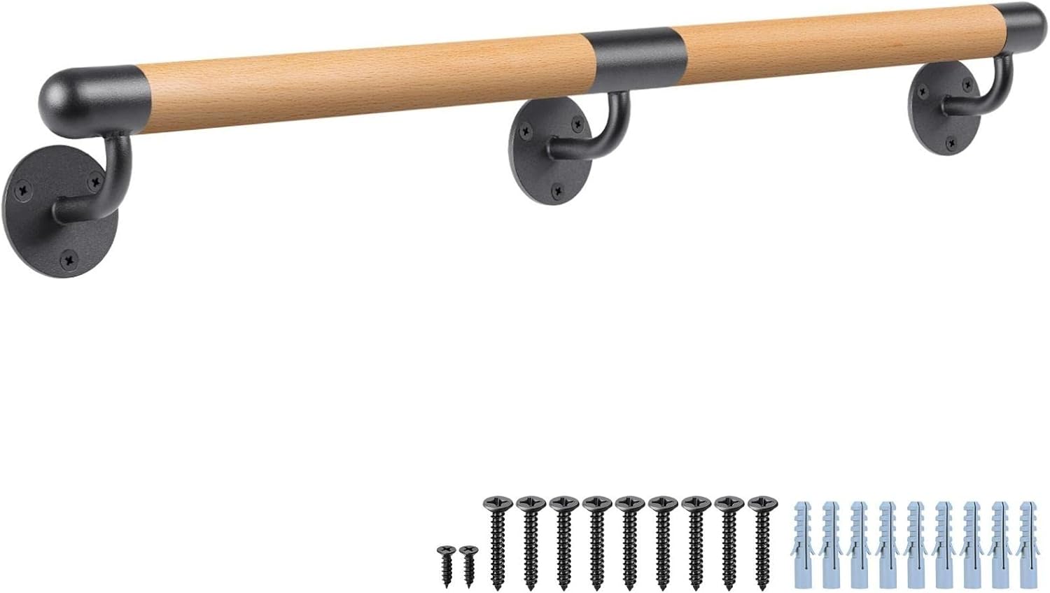 Dolibest 3-10 ft Wood Indoor Stairs Wall Mount Handrail w/Sturdy Metal Barckets, Non-Slip and Comfty Barrier-Free Staircase Grab Bar for Elderly, 1-1/2'' Round