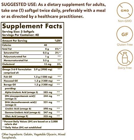 Solgar 1300 mg Omega 3-6-9, 120 Softgels - Fish Oil Supplement - Support for Joint & Skin Health - Includes Flaxseed & Borage - Contains EPA & DHA Omega 3 Fatty Acids - 40 Servings