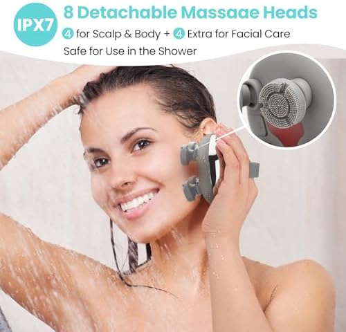 Electric Rechargeable Scalp Massager, IPX7 Waterproof Electric Head Massager with 2 Interchangeable Heads (100 Anti-Tangle Scalp Nodes & 1000+ Facial Cleansing Dots), 3 Speeds & 2 Functions, USB-C