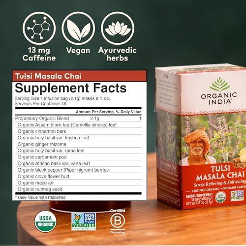 Organic India Tulsi Masala Chai Tea Bags - Holy Basil, Black Tea, Spices with Ginger, Stress Relieving, Immune Support, USDA Certified Organic, Antioxidant, Caffeinated - 18 Infusion Bags, 6 Pack