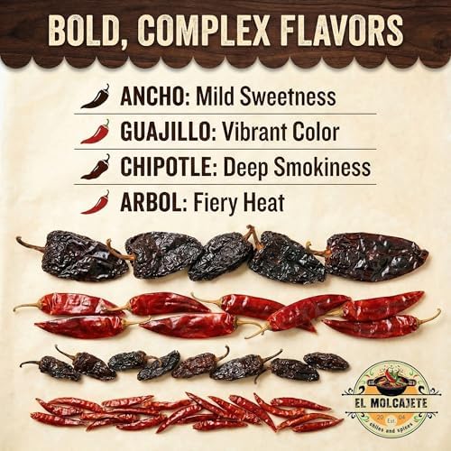 Dried Chile Pepper Variety 4-Pack - Ancho, Guajillo, Arbol & Chipotle Chiles - Whole Peppers for Authentic Mexican Cooking, Sauces, Salsas & Marinades – Bold Flavor, Hand Selected By El Molcajete