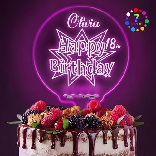 LED Personalized Happy Birthday Cake Toppers 7 Colour Changes Light Up Birthday Cake Topper Acrylic Cake Toppers Cake Decorations for 1st 10th 16th 18th 20th 21st 30th 40th 50th 60th 70th(Design 1)