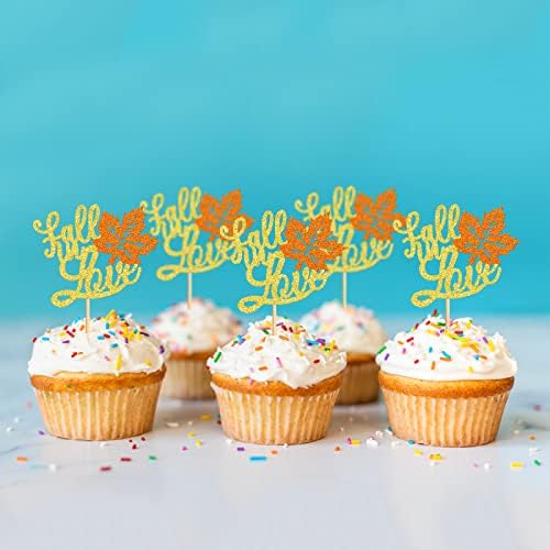 24 Pack Fall in Love Cupcake Toppers Thankgiving Maple Leaves Bridal Shower Cupcake Picks Engagement Wedding Anniversary Birthday Party Cake Decorations Supplies