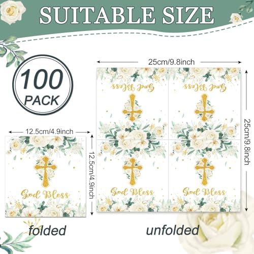 100Pcs God Bless Flower Napkins Baptism Paper Napkins White Floral Disposable Napkin First Holy Communion Party Decors for Mi Bautizo Christening Ceremony Newborn Religious Party Supplies