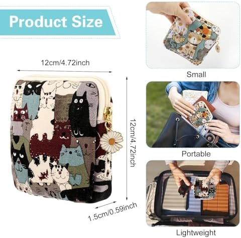 Amabro Sanitary Napkin Storage Bag, 2PCS Period Bags Cute Sanitary Pad Storage Pouch Tampon Pantyliners Menstrual Purse Daisy Zipper for Women Teen Girls School Travel Feminine Product(Cat)