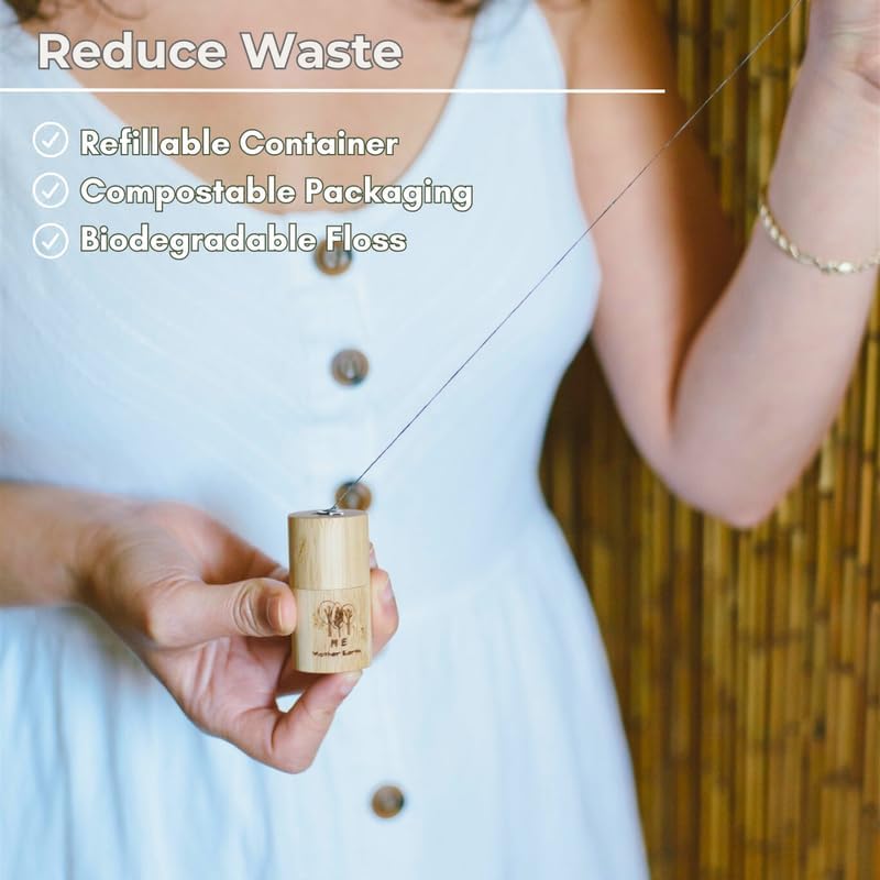 Vegan Biodegradable Bamboo Charcoal Dental Floss with Refillable Bamboo Container | Refill Included | Natural Candelilla Wax | 50M x2 | Peppermint Essential Oil | Eco Friendly | Zero Waste Oral Care