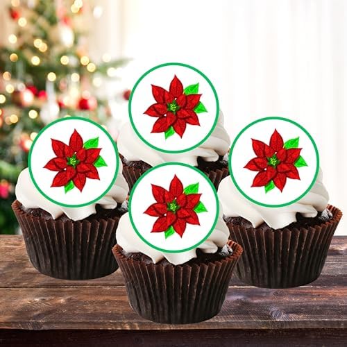 Poinsettia Holly Edible Cupcake Toppers, Christmas Cake Decorations, Christmas Cake Topper, Xmas Poinsettia Cupcake & Cookie Decor, PRECUT 24 x 4cm / 1.5cm Wafer Discs