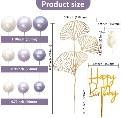 Gyufise 57Pcs Purple Balls Cake Topper Boho Grass Cake topper Pearl Balls Acrylic Happy Birthday Cake Decorations for Wedding Baby Shower Birthday Boho Themed Party Supplies Pearl Purple