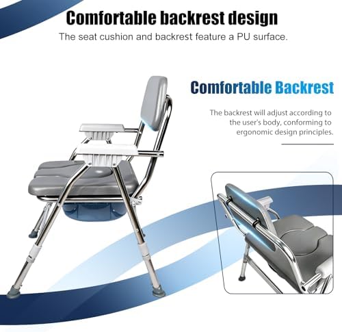 Bedside Commode for Seniors- Adjustable Height Adults Potty Chair with Arms, Elderly with Arms and Back Commode Chair, Pregnant Women & Post-Surgery - Supports 360 lbs (PU Soft Seat)