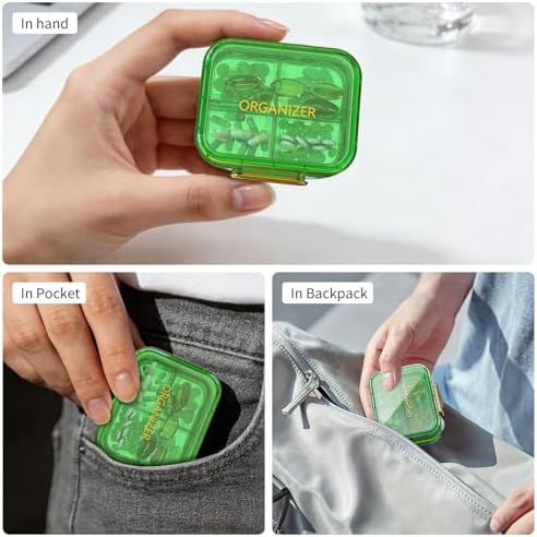 Travel Pill Organizer, Waterproof Weekly Pill Box 7 Day, Portable Container for Purse Pocket, Removable Compartments Daily Supplements Case, Airtight Storage for Outdoor (Green)