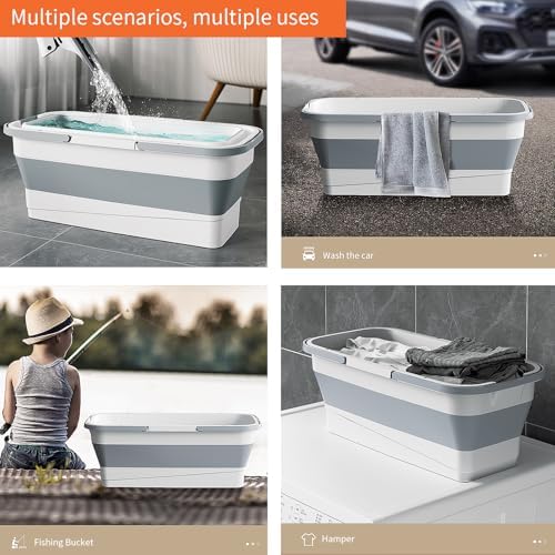 Foldable Mop Bucket with Dual Handles, Rectangular Collapsible Bucket, for House Cleaning, Camping & RV Use (12 L (3.2 Gallons), White Grey)