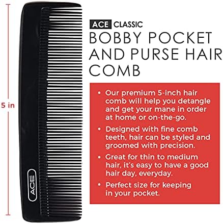 Goody Ace Classic Bobby Pocket and Purse Comb - 5 Inch, Black, Durable & Flexible Teeth, Suitable for All Hair Types, Fine Comb Teeth for Thin to Medium Hair