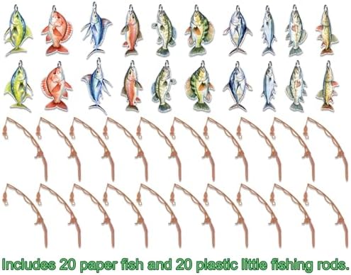 Fishing Theme Cupcake Toppers, 20 Mini Fishing Rod Decorations with Colorful Fish