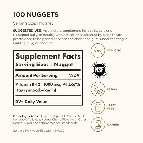 Solgar Vitamin B12 1000 mcg, 100 Nuggets - Energy Production, Red Blood Cells - Healthy Nervous System - Promotes Cardiovascular Health - Vitamin B - Non-GMO, Gluten Free, Kosher - 100 Servings