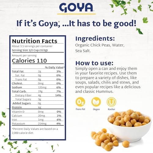 Goya Organic Chick Peas Garbanzo Beans, Low Sodium with Sea Salt, 15.5 Ounce (Pack of 8)