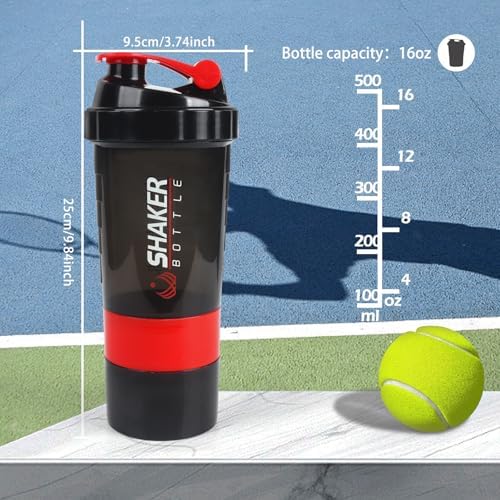 Shaker Bottle,16oz Protein Shaker Bottles with Mixing Ball, 3 in 1 Leak-proof GYM Shake Cup with Powder Storage & Pill Tray, Ideal for Workout,BPA Free（Red）