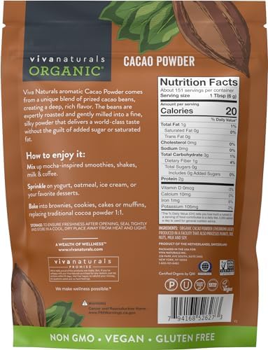 Organic Cacao Powder, Unsweetened, 2 lb (907 g) – Rich Dark Chocolate Flavor, Perfect for Baking, Smoothies & Hot Chocolate – Vegan, Keto, Paleo, Non-GMO & Gluten-Free Cocoa Powder