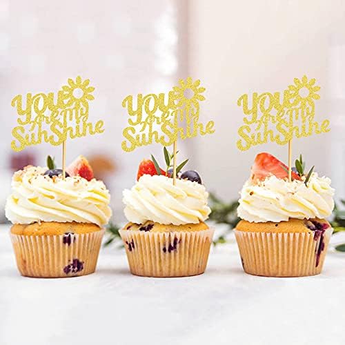 24Pcs Glitter Golden You are My Sunshine Cupcake Toppers for Sunshine Baby Shower Baby Gender Reveal Kids Boys Girls Birthday Cupcake Decorations Wedding Engagement Anniversary Party Decors
