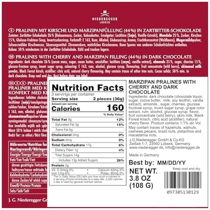 Niederegger "Cherry Loves Marzipan" Pralines Covered with Crisp & Dark Chocolate 108g / 3.8oz | 6 piece per Box | Deliciously Decadent: Premium, Handcrafted, Exquisite | Crafted in Germany since 1806