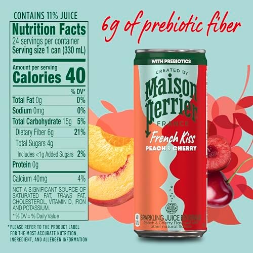 Maison Perrier French Kiss Sweetened Sparkling Juice Beverage, Peach & Cherry Flavors With Real Fruit Juices, 24Pk