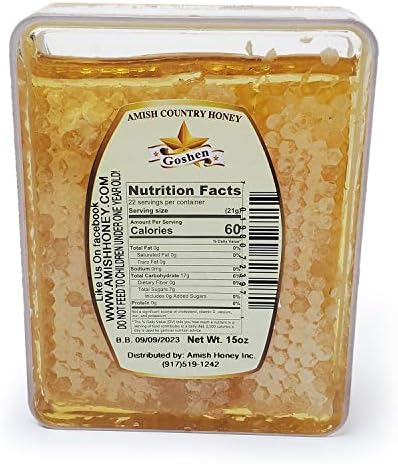 Goshen Amish Extremely Raw Pure Spring Comb Honeycomb 100% All Natural Domestic NY Antioxidant Antimicrobial Enzymes and Minerals Health Benefits Unfiltered Unprocessed Unheated Honey 14.10 oz