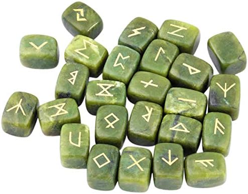 SUNYIK Natural Green Jade Rune Stones Set with Engraved Elder Futhark Alphabet Lettering Polished Healing Crystal Kit