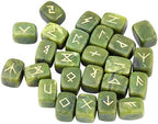 SUNYIK Natural Green Jade Rune Stones Set with Engraved Elder Futhark Alphabet Lettering Polished Healing Crystal Kit