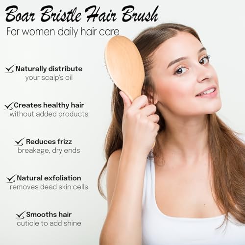 Boar Bristle Hair Brush, 100% Pure Boar Bristles Natural Wooden Slick Back Hairbrush Detangling Women Men Kids Thin Fine Hair, Reduce Frizz Smooth & Shine
