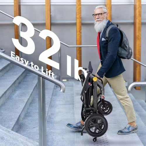 28-Mile Range 32lbs Lightweight Electric Wheelchair for Adults with Dual Batteries & Remote Control - Powerful Portable Folding Electric Wheelchair, Airline Approved for Travel & Home Use