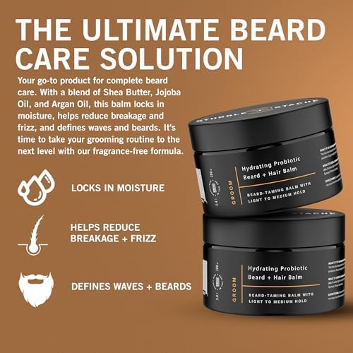 stubble & stache Groom – Beard Balm for Men | Light to Medium Hold with Aloe, Broccoli Seed, and Shea Butter | Fragrance-Free Styling + Conditioning for Facial Hair