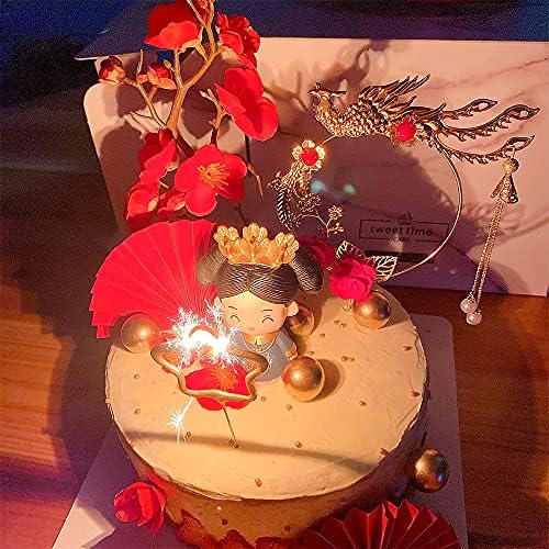 Traditional Chinese Wedding Cake Toppers - Set of 7 - Queen Figurine, Plum Blossom, Phoenix, 3 pcs Fans and Doll Base